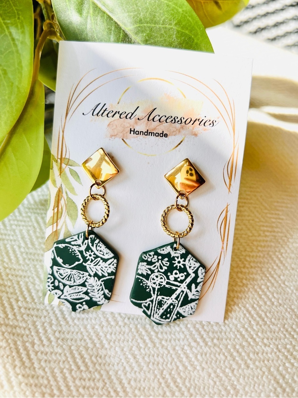 Citrus Print Green/Gold Hexagon Drop Earrings